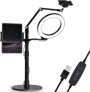 Selfie Ring Light Phone Tablet Stand 8" LED 3-in-1 Overhead Phone Stand Compatible with 4.5-13" Phone&Tablet Adjustable Long Arm YouTube/Tiktok Video Zoom Live Stream