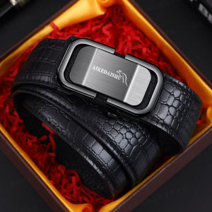 เข็มขัดหนัง ผู้ชาย หัวเข็มขัดอัตโนมัติ ลายจระเข้ เข็มขัดธุรกิจแฟชั่นหนังแท้