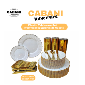Cabani Plastic Tableware Set IVGR Ivory Goldrim Party Dinner Plates Cups Cutlery 150pcs Pack