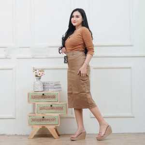 Rok Midi Cargo Highwaist Katun Stretch dengan Motif Plain - Fashion Wanita