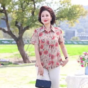 WomenS Short-Sleeved Floral Lapel Top Fashionable Shirt MomS Blouses