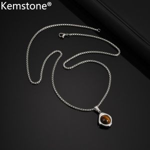 Kemstone Mens Stainless Steel Pendant Necklace with Natural Tiger Eye & Onyx Stone