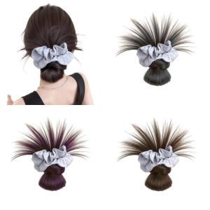 YOYO CHARMING Synthetic Messy Bun Head Wig Striped Claw Clip Chicken Feather Ball Head Vintage Hair Band False Hair Pieces Women