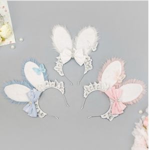 MIRELINA Viền ren Băng đô tai thỏ Chất liệu mềm mại như nhung. Phong cách Lolita Mũ đội đầu tai nhồi bông Dễ thương Thiết kế KC Băng đô tai động vật Hội chợ Anime