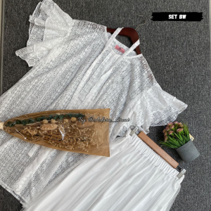 Setelan Rok Tutu Leher V Motif Klasik dengan Cardigan Renda 2 in 1 untuk Ibu Menikah
