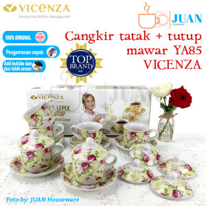 VICENZA Cangkir + tutup keramik motif Mawar / 6 pasang cangkir YA-83