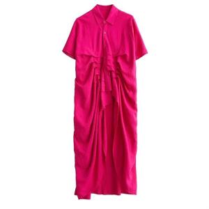 XITAO Irregular Singe Breasted Short Sleeve Dress Mid-calf A-line Solid Color Turn-down Collar Female Dress GMM1371