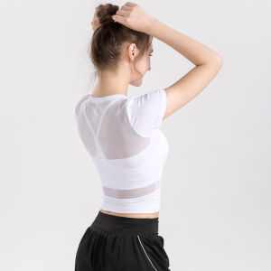 ผู้หญิงวิ่งเสื้อโยคะเซ็กซี่ Crop Top Splicing ตาข่ายแขนสั้นเสื้อกีฬาฟิตเนสกระชับยืดหยุ่น Gym Tops