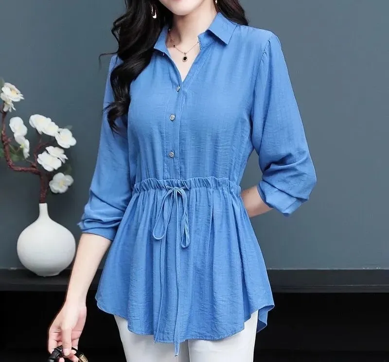 Women Blouses and Tops Fashion Solid Top Sleeve Long Blouse Loose