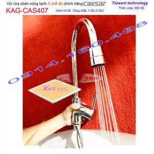 Vòi bếp nóng lạnh Caesar KAG-CAS407 cần cong 3 chế độ điều chỉnh Vòi chậu rửa chén bát ống lớn cao thiết kế đẹp nước mạnh màu chrome bóng chất lượng tốt sử dụng siêu bền