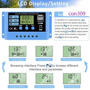 con309 20A 30A เครื่องควบคุมการชาร์จพลังงานแสงอาทิตย์12V 24V แผงเซลล์แสงอาทิตย์สำหรับรถยนต์ตัวควบคุม PV LCD สำหรับแบตเตอรี่ตะกั่วกรดแบตเตอรี่ลิเธียม USB คู่