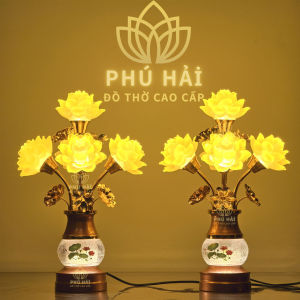Đèn Thờ 5 Bông Hoa Sen Lưu Ly Bình Thủy Tinh Vẽ Sen Cao Cấp - Cao 42 Cm - HCM Hỏa Tốc Tặng Led