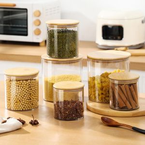 VIVAZ Bamboo Lids Square Storage Jars Moisture Proof Transparent Spice Containers  Clear Kitchen Canister Kitchen