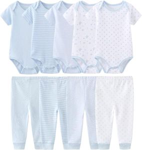 Baby Bodysuits Baby Pants Trousers Baby Clothes 100%Cotton Short Sleeve Bodysuits Onesies For Baby Boys and Girls Newborn Baby Solid Color Clothing Set 9 Pieces