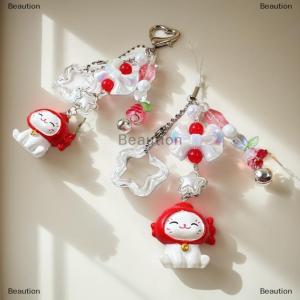 [COD] Beaution Cute Cartoon Lucky Cat Bead Keychain Kawaii Kitten Mobile Phone Chain Backpack Pendant Car Key Chain Accessories Gifts