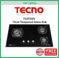 Tecno 75cm (New Color) 3 Burner Schott Glass Cooker Hob Gas Stove with Inferno Wok Burner Technology T23TGSV. 