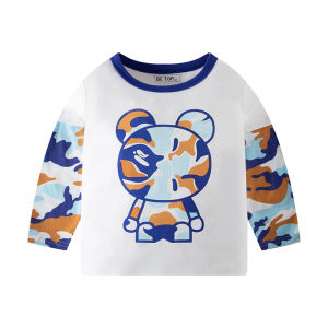 Betop Camo Teddy Bear Two-Tone Graphic Print Children Kids Long Sleeves Cotton Tee Top