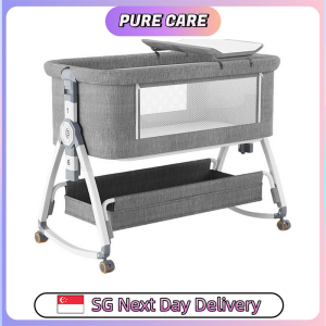 【Pure Care】 Rocking Baby Cot with Storage | Adjustable Cradle Bed with Wheels | Newborn Bassinet 0–3Y