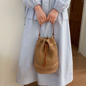 XEANG Dung lượng lớn Túi xách bằng rơm Khoét rỗng Cỏ Túi đeo chéo có dây rút Giải trí Thời trang Túi đi biển mùa hè Các cô gái