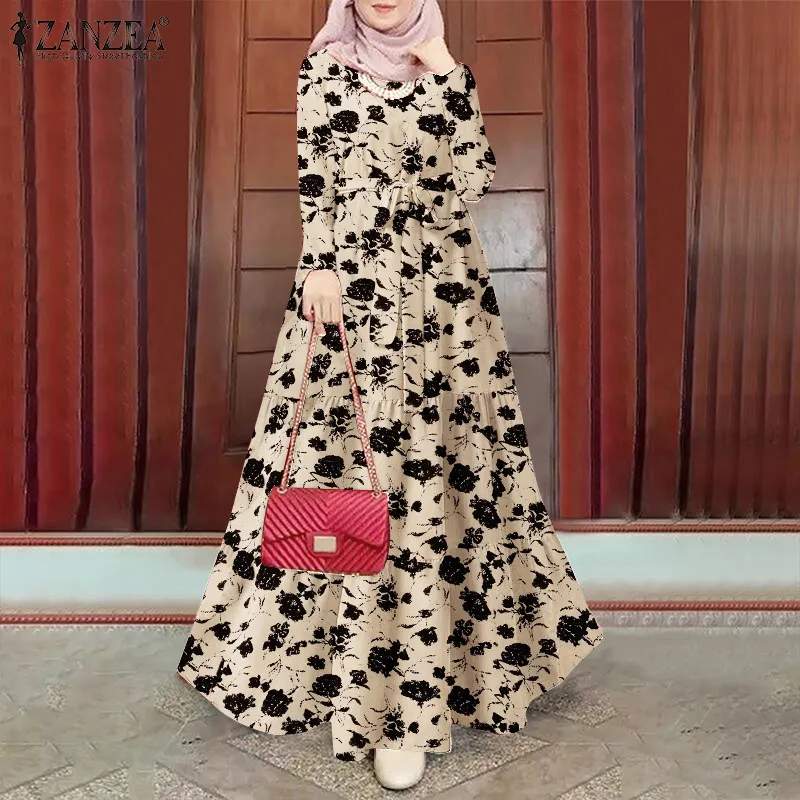 ZANZEA Muslimah Women Muslim Floral Printed Maxi Dress Elegant Party Long  Sleeve A-Line Dresses
