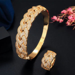 SEQUITO Sang Trọng Bộ Trang Sức Nữ Bạc Hoa Hồng Vàng Mạ Vàng Đầy Đủ Micro Pave Nhỏ AAAAA Zircon Lập Phương Rope Shape Bangle Vòng Nặng Party Tay Cổ Tay phụ Kiện SJ362