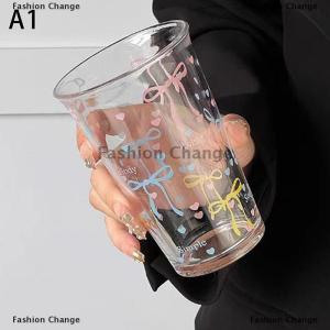 [COD] Fashion Change Bow Glass Cute Water Cup Cartoon Bow Glass Cup Striped Cute Doodle Coffee Mug Household Fruit Tea Lemonade Girls Gift