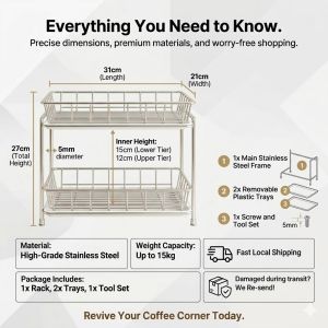 BMZAR Stainless Steel Cup Storage Rack With Drain Tray Double Layer Dish Rack Kitchen Organizer Countertop Cup Holder For Coffee Bar Restaurant Home Kitchen