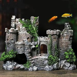 OUTOPEN Ancient Castle Shape Fish Tank Ornaments Artificial Exquisite Aquarium Cave Building Decoration Creative Resin Rockery Home