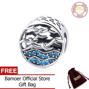 BAMOER Hạt Tròn Hình Hải Âu Bay Trên Đại Dương Bằng Bạc Ý 925 Thật Cho Nữ Phụ Kiện Vòng Tay Charm Tự Làm SCC1454