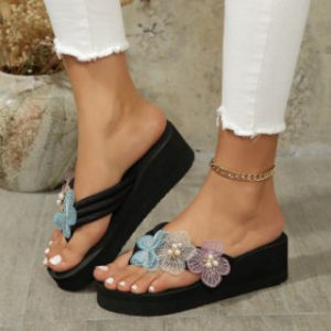 Summer Pearl Butterfly Flip-Flops Casual Thick-Soled Wedge Heel Large Size Sandals WomenS Beach Shoes