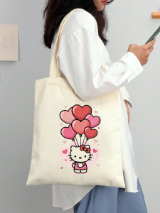 Hello Kitty Cute Cartoon Canvas Tote Bag Aesthetic Shoulder Bag Eco Friendly Reusable Shopping Bag Large Capacity Casual Everyday Tote for Women and Men Kawaii Korean Style School Office Travel Beach Bag Durable Lightweight Gift Idea