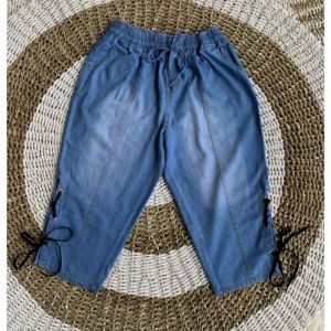 Celana Jeans 7/9 Wanita Jumbo Bahan Denim Melar Model Reina Garis Variasi Tali