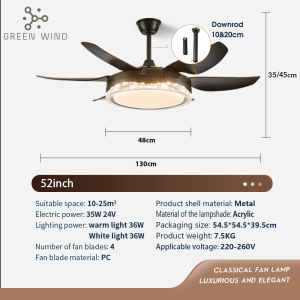 GREEN WIND Ceiling Fan Light 52 inch Big Size Nordic Ceiling Fan with Light and Remote Control 3 Color Chandelier Decoration 6 Speed Fan Lamp