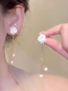 Gentle Long Tassel Camellia Womens New Hot-Selling Elegant High-End Niche Exquisite Double Chain Pearl Earrings