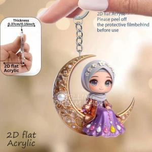 Cute Muslim Girl on Moon Keychain 2D Flat Acrylic Key Ring Hijab Doll Charm Pendant Ramadan Gift Multicolor