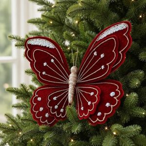 FANYUNG Glitter Coated Christmas Tree Butterfly Ornament Multicolor Flocking Butterfly Tree Hanging Decor Hanging Large Size Artificial Glitter Butterfly Christmas Tree