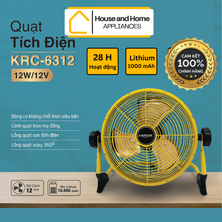 Quạt sạc/tích điện KORICHI KRC-6312 - Đường kính 27 cm, Công suất hoạt ...