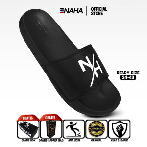 NAHA - Sandal Slop Karet Pria Wanita Logo Hitam Distro Fullblack  Size 34 - 43