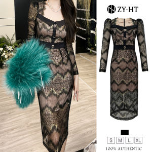 ZY.HT EraVogue เดรสผู้หญิง เดรสสีแชมเปญ เดรสแขนยาว เดรสลูกไม้ เดรสทำงาน เดรสออกงาน เดรสไปงานแต่ง เดรสเซ็กซี่ เดรสเกาหลี 20216