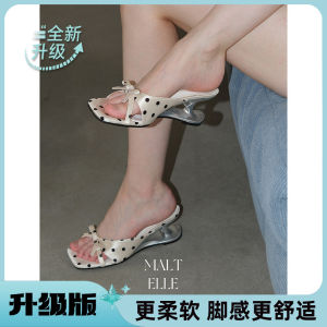 [Free Shipping] High-End Bow-Knot Polka Dot Uniquely Shaped Heeled Sandals For Outdoor Wear 2026 Summer New Style Gentle And Elegant Perfect With Dresses High-Heeled Slippers