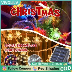 VIVOLILV Solar Xmas Lights Outdoor Waterproof Snowflake Lantern 12m 100LED Warm White With 8 Modes Fairy Lights String Lights For Garden Wedding Party Decorations Christmas Light