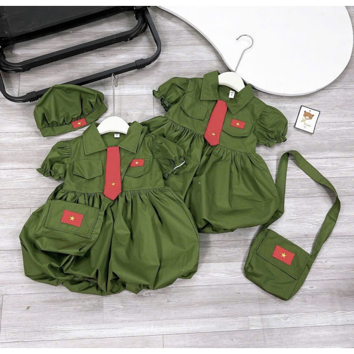 X157, (Tặng túi mũ cà vạt) Váy bí xanh bộ đội cho bé gái mặc dịp lễ ...