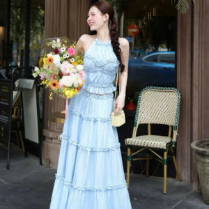 Set nàng thơ xinh set thiết kế đi biển Lụa thô áo yếm có mút nhún mix chân váy dài