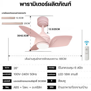 ⏰GEERLI พัดลมเพดาน 26 นิ้ว สีชมพู ควบคุมระยะไกล จอแสดงผล RGB 3 สี 6 สปีดลม + ตั้งเวลาเปิด-ปิดได้ + รับประกัน 5 ปี เงียบพิเศษ