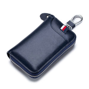 Business Fashion Cowhide Car Key Bag with Waist Hanging Keychain Men and Women Card Holder Smart Housekeeper Keys Portable Storage Zipper Pouch