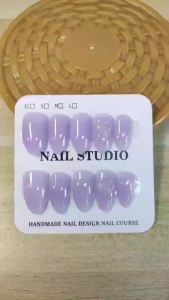 100% Handmade Short Almond shape Jelly purple With Transparent Heart Fake Nail set With Glue &  malism Simple Artificial Nails Phototpy Press on Nails Reusable and Removed