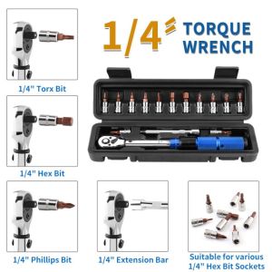 RUO R 1/4 Inch Torque Wrench Double-direction Ratchet 2-24N.m Ratchet Socket Spanner Preset Torque Professional Bicycle Automotive Tool Mountain Bike