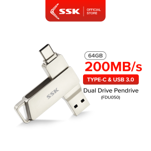 แฟลชไดรฟ์ SSK คู่ USB 3.2 2-in-1 Type-C & USB-A สูงสุด 256GB ความเร็ว 200MB/s | ความเร็วสูงถึง 200MB/s | มีพอร์ต USB 3.1 และ Type-C | การออกแบบทนทานและหมุนได้ 360° | รองรับหลายอุปกรณ์ รวมถึง MacBook และ iPad Pro | กันน้ำ กันฝุ่น และกันกระแทก