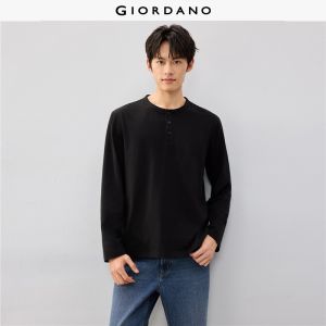 GIORDANO Men T-Shirts Solid Color Cotton Tee Henley Neck Long Sleeve Fashionable Casual Relaxed T-Shirts 13026880