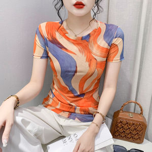 YIMEI เสื้อพิมพ์ลายดอกไม้สำหรับผู้หญิงเสื้อยืดผ้าตาข่ายฤดูร้อนแฟชั่น2023แฟชั่นคอกลมเข้ารูปพอดีและเสื้อยอดนิยม